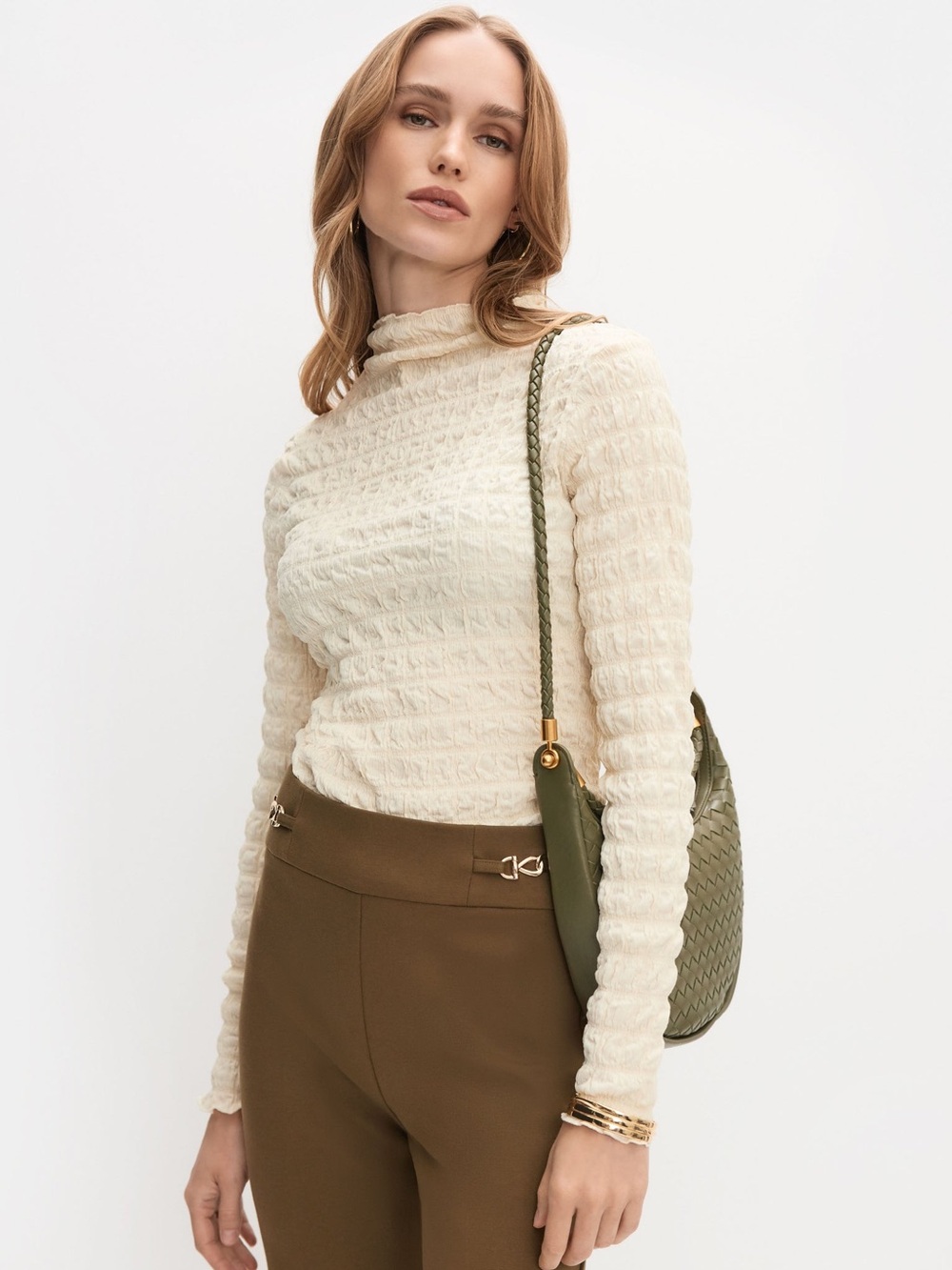 Sz XL Melanie Lyne Long-Sleeve Cream Textured Funnel neck Sweater
